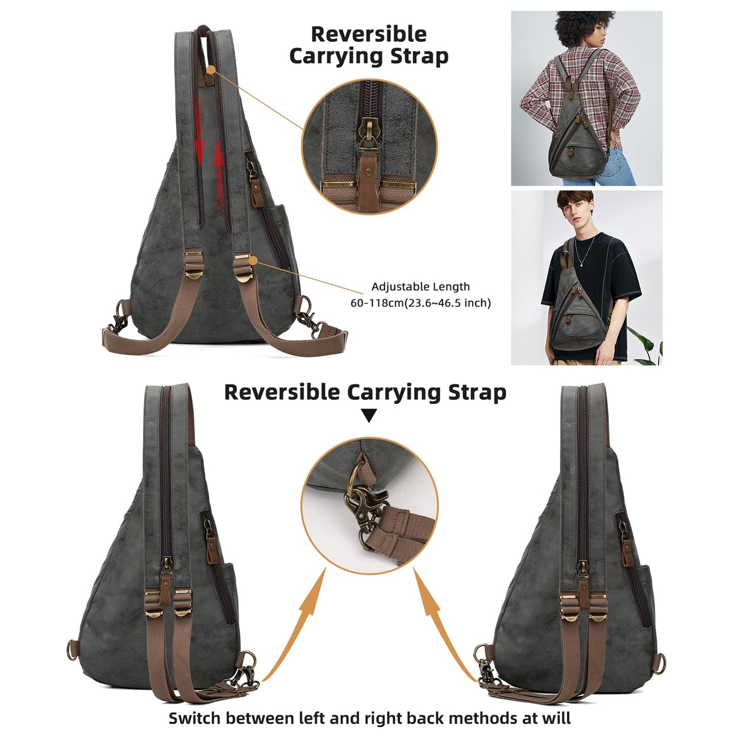 KL928 PU Leather Sling Bag - Small Crossbody Backpack Shoulder Casual Daypack Rucksack for Men Women