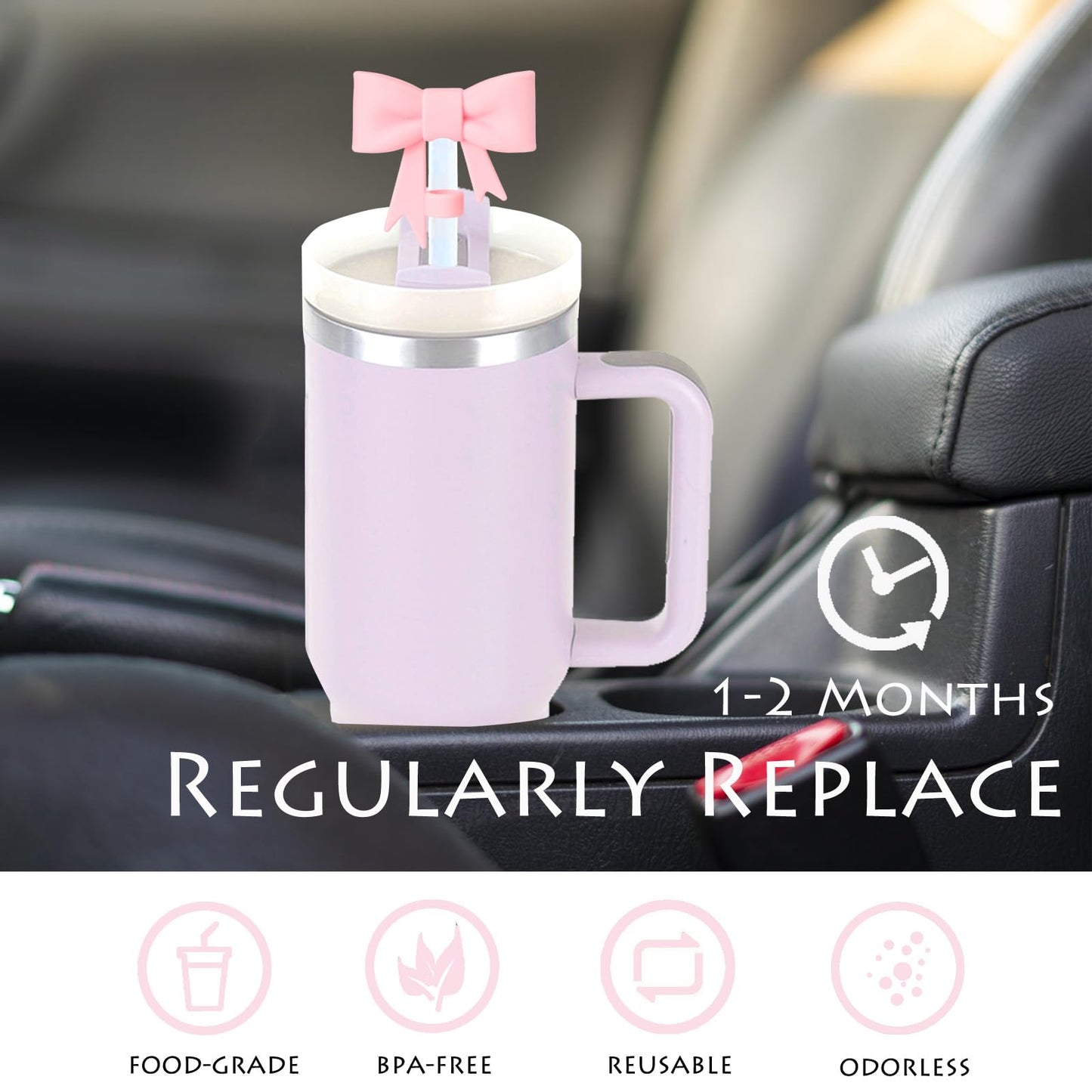 HIUSITY Bow Straw Cover Topper for Stanley Cup,Silicone Straws Toppers for Tumbler with Handle 40oz,Cute 10mm/0.4in Covers Cap,Dust-Proof Reusable Lids for Stanleys Cups Accessories,Pink