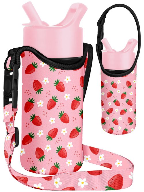 Miss Adola Water Bottle Carrier with Strap - Handheld Kids Water Bottle Holder for 10-16 oz Cute Cartoon Design Neoprene Crossbody Bottle Sling Bag for Girls for Insulated Drink Bottle, Strawberry