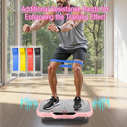ENOWPO Vibration Plate Exercise Machine, Vibrating Fitness Platform Whole Body Shake Board Workout Equipment Fat Burner Vibrate Stand with Bluetooth Resistance Bands for Women Men Home Sport Gym-Pink