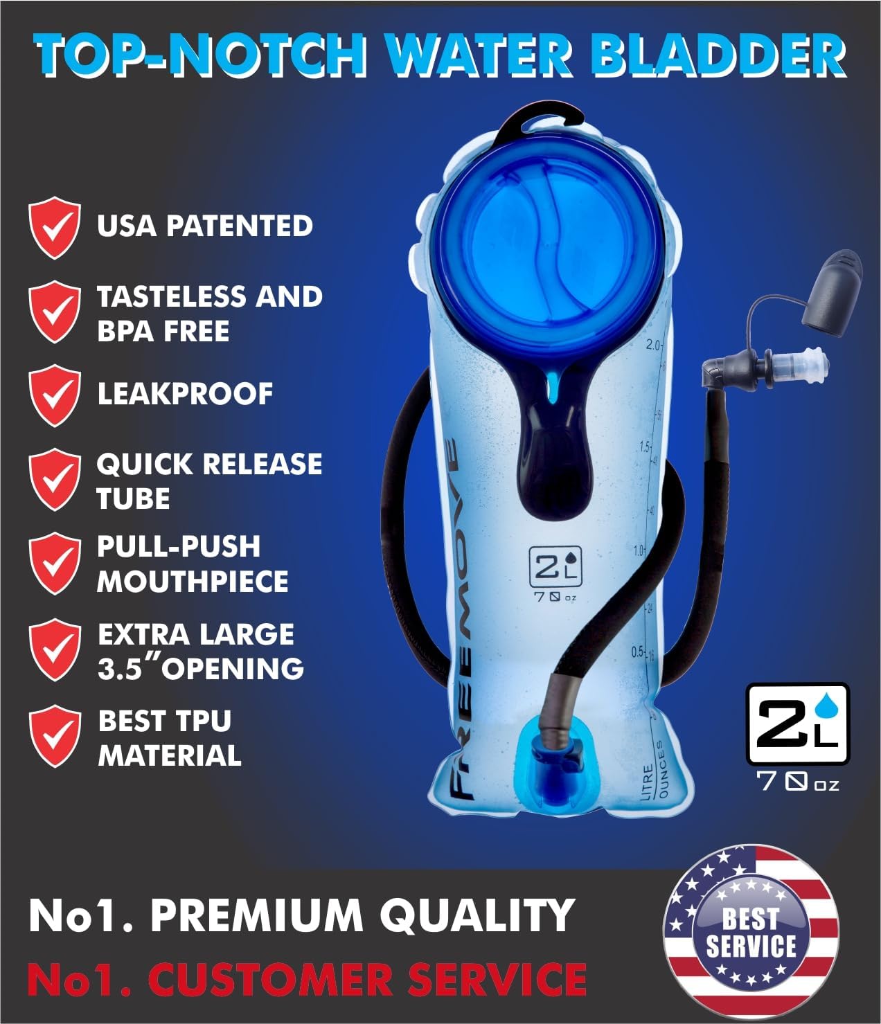 FREEMOVE Hydration Bladder 2L / 3L Water Bladder for Hiking Backpack &gt;Blue or Green&lt; Leak Proof Hydration Pack, Tasteless & BPA Free, TPU Water Reservoir, Quick Release Insulated Tube & Shutoff Valve
