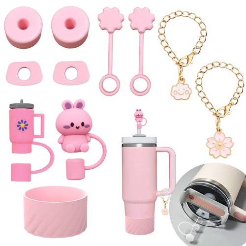 Cup Accessories Set For Stanley, Silicone Spill Stopper Set, Including 2 Cute Straw Cover Cap, 2 Square and Round Spill Stopper, 2 Cute Charms Chain (Pink A)