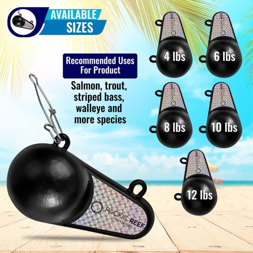 PacificReef® Downrigger Weight Oval w/Fin Coated Ball [4lbs, 6lbs, 8lbs, 10lbs, 12lbs] - Sinker for Downriggers Weight Pancake Oval Canon Ball with Protective Vinyl Coating for Salmon (8 lbs)