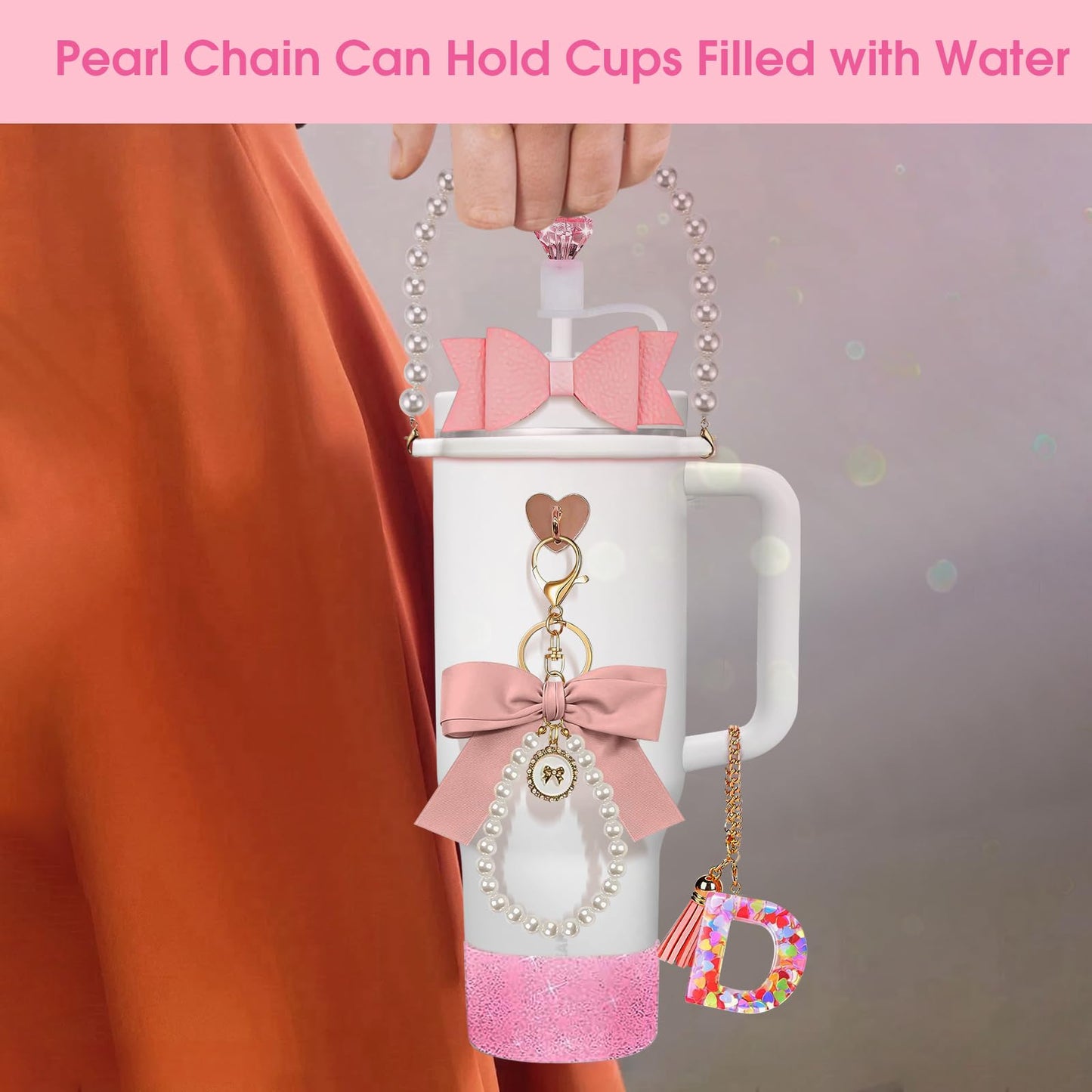 8Pcs Pink Stanley Cup Accessories Set for Stanley Cup 30&40 Oz Tumbler - Silicone Straw Cover Cap and Boot, Letter Charm for Handle, Bow Straw and Charm Decoration, Pearl Water Bottle Handle Strap(D)