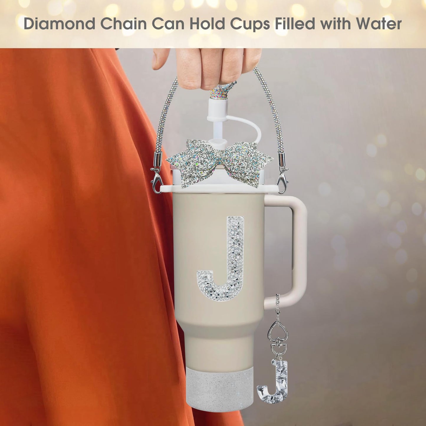 8Pcs Silvery Stanley Cup Accessories Set for Stanley Cup 30&40 Oz Tumbler - Silicone Straw Cover Cap and Boot, Handle Letter Charm, Bow Decoration Initial Sticker, Diamond Water Bottle Handle Strap(J)