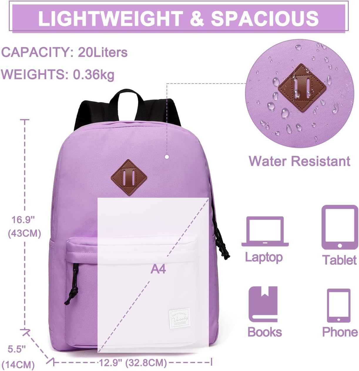 VASCHY Backpacks Handbags, Lavender, M