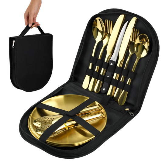 20-Piece Stainless Steel Silverware Set with Organizer, Including Plates, Knives, Forks, Spoons - Premium Outdoor Picnic Tableware for Camping (Golden)