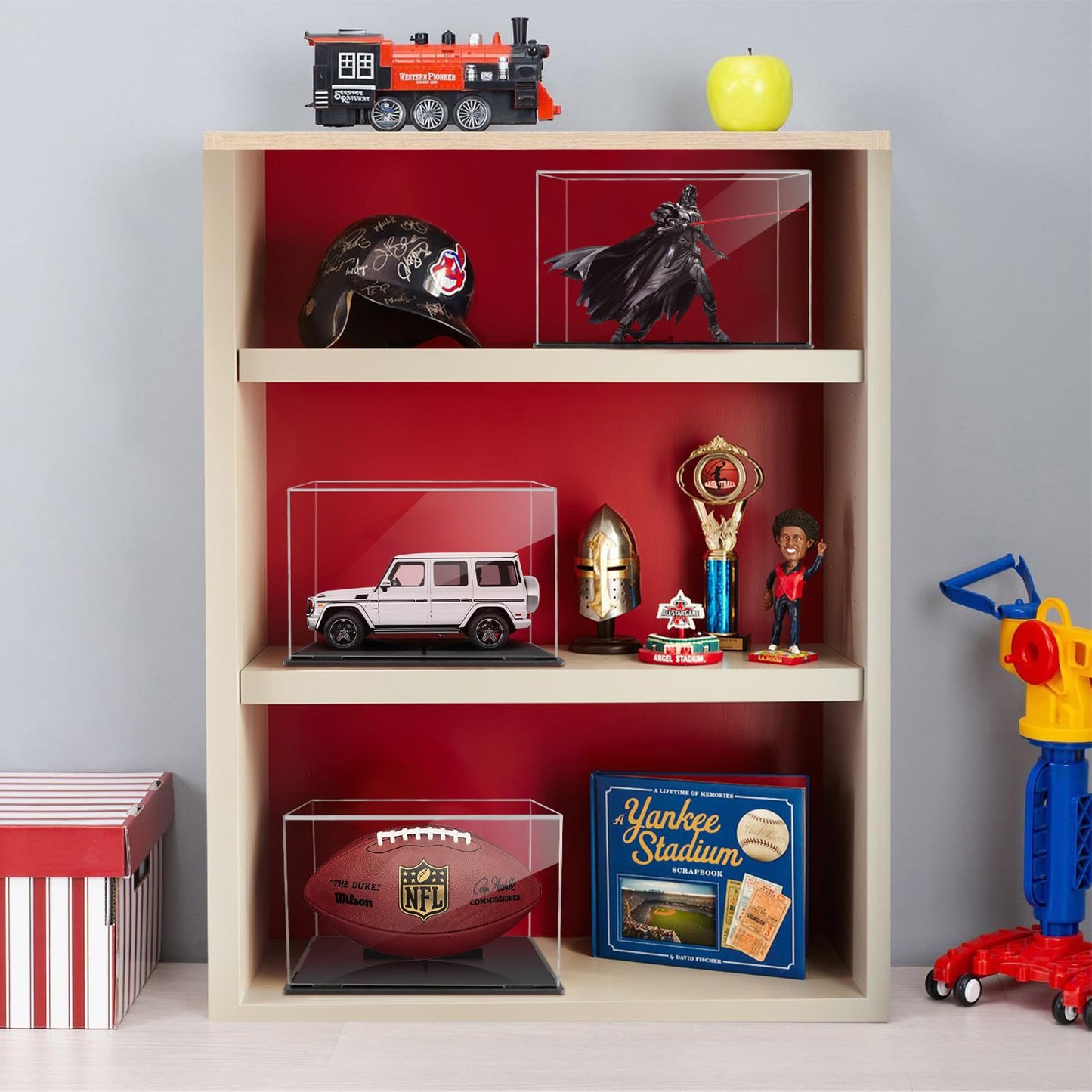 Football Display Case, Clear Acrylic Display Box Football Display Stand with Removable Built-in, Self-Assembly Memorabilia Display Box Cases Suitable for Autographed Footballs, Dolls, Models