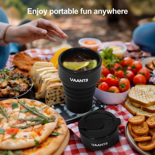 VAANTJI Travel Reusable Silicone Collapsible,13 oz/375 ml,Collapsible Travel Mug,Collapsible Cup for Hot and Cold Drinks (Black)