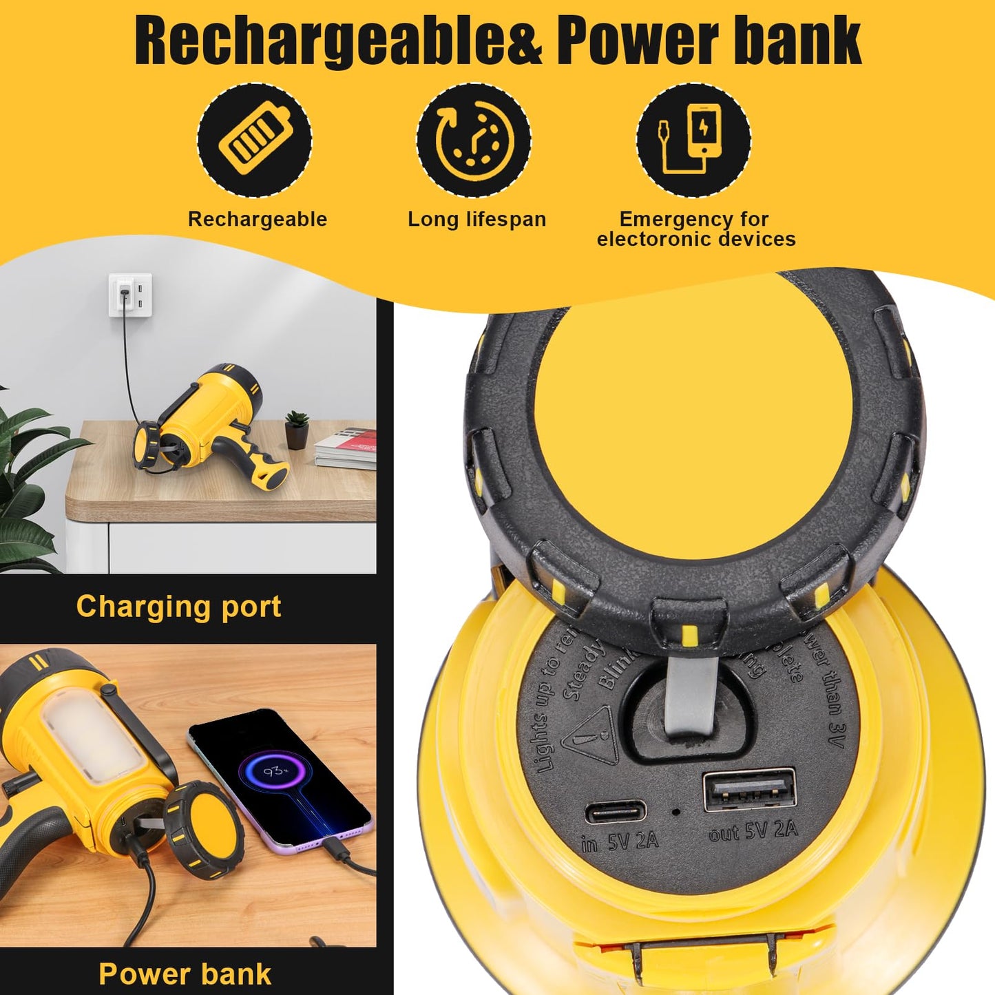 WEILAI Super Bright Rechargeable Spotlight Handheld Rechargeable LED Flashlight Tactical Searchlight with USB Output 6 Light Modes Camping Light (Yellow)