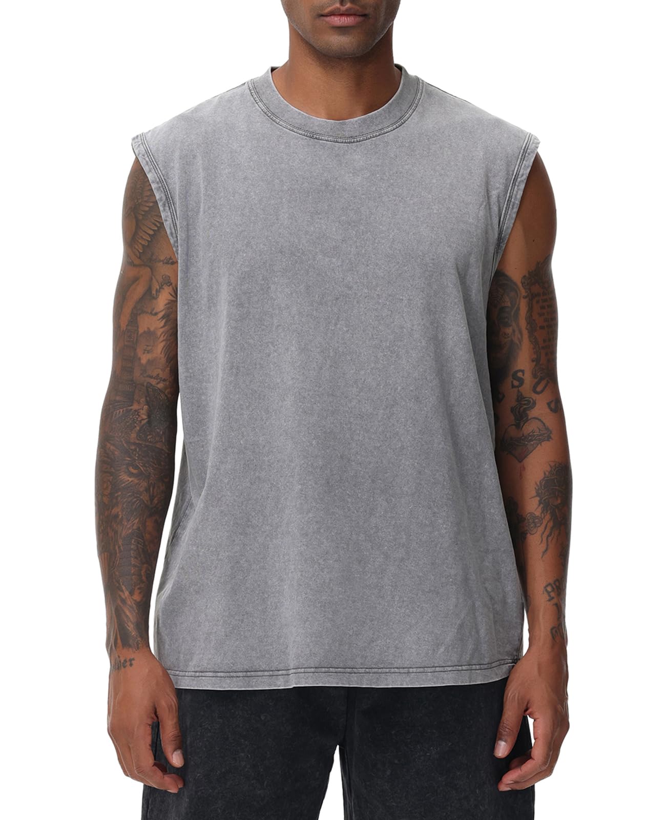 Mens Workout Tank Tops Sleeveless Tee Shirts Men Muscle Shirt Gym Acid Wash T Shirts Running Beach Loose Fit Tee(GY,3XL) Grey
