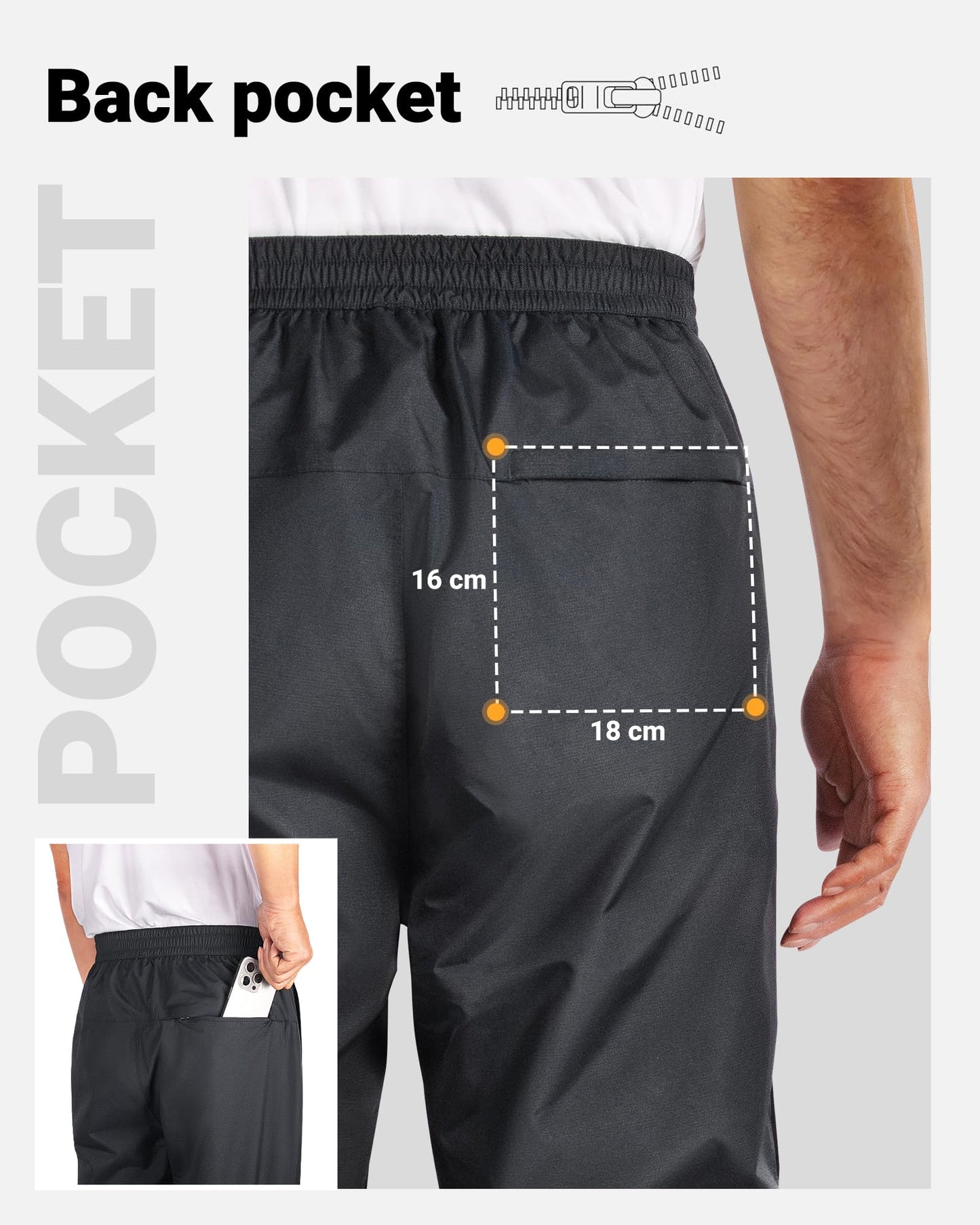 33,000ft Men's Rain Pants Full Zip Waterproof Pants Breathable Rain Over Trousers for Outdoor Hiking Golf Work Black