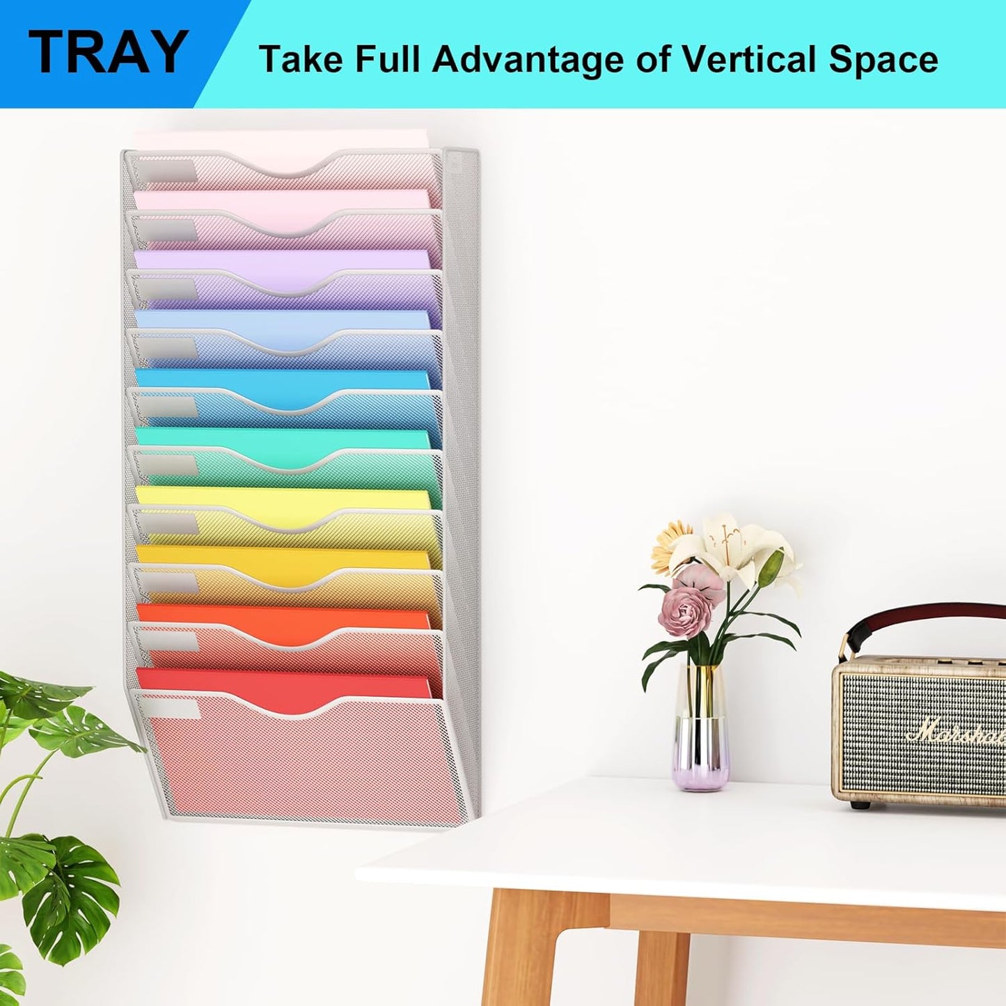 5 Pockets Mesh Hanging Wall File Holder Organizer Wall Mounted Paper Magazine Rack, Black