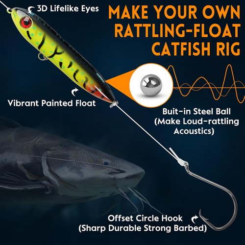 Catfish Rig Catfishing Tackle Making Kit, 170pcs Santee Cooper Rig with Bobbers Floats, Rattling Float Lure Baits, Hooks Swivels, Sinker Weights, Rattler Beads, Various Catfish Tackle Accessories