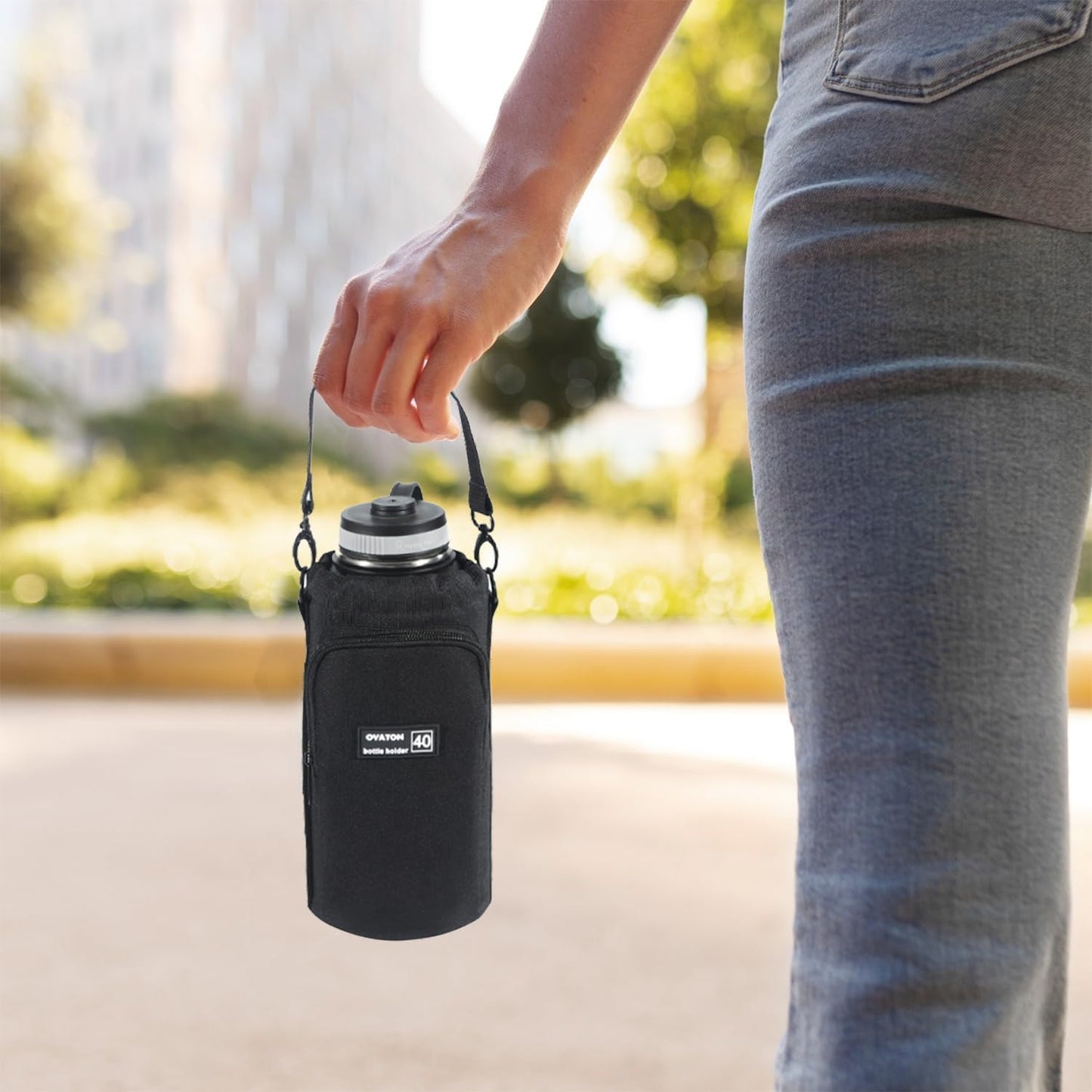 32 oz - 64 oz Black Neoprene Bottle Holder with Strap and Pocket for Walking, Travel and Hiking