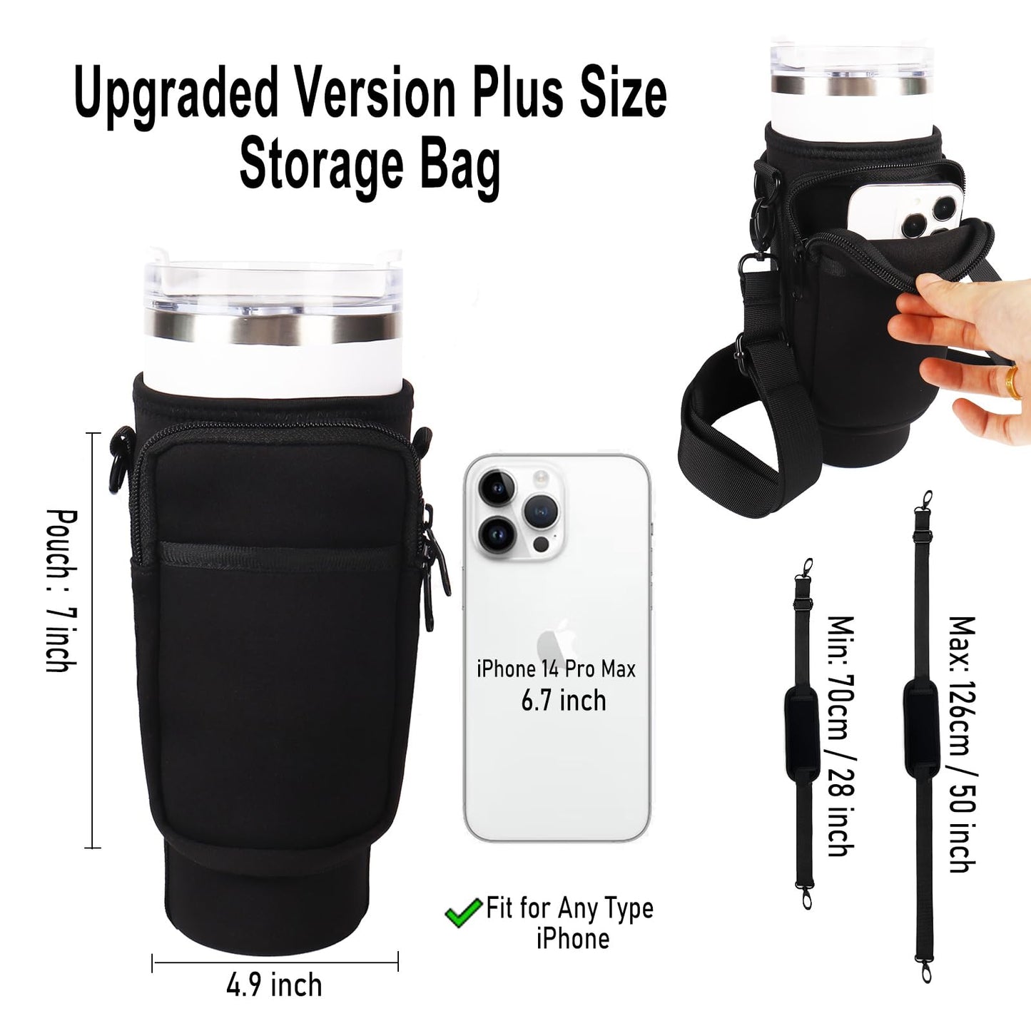 LMYUHONG Water Bottle Carrier Bag Holder for Stanley with Storage Bag,Fits for Quencher Adventure 40oz,H2.0 Stanley Cup Accessories,Bottle Pouch for Hiking Travelling Camping Climbing,Black
