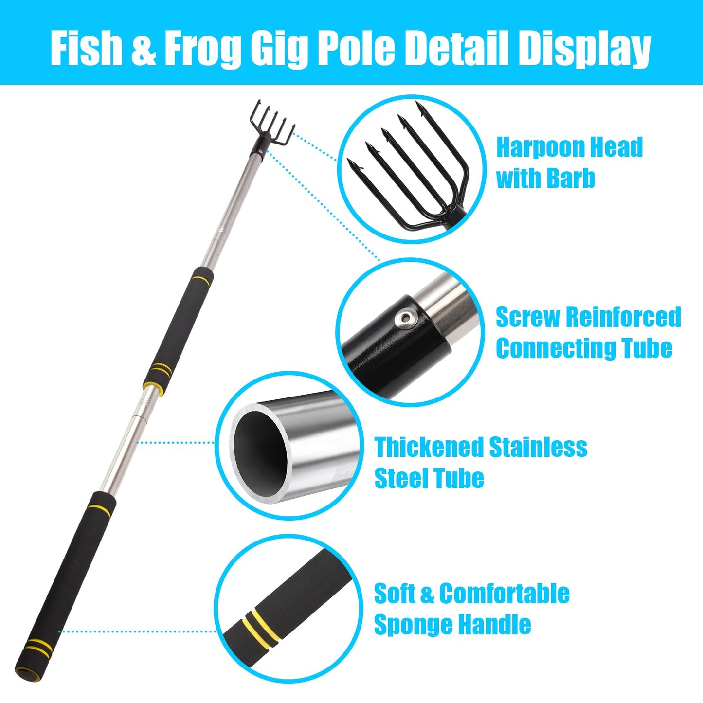 Frebuta Frog Gigging Pole,2 to 6Ft Fishing Gig Gaff with Barbed 5-Prong Harpoon Stainless Steels Flounder Gig Extension Pole Long Handle with Spong Handle Hunting Bullfrog Spears Fish Hook Sturdy