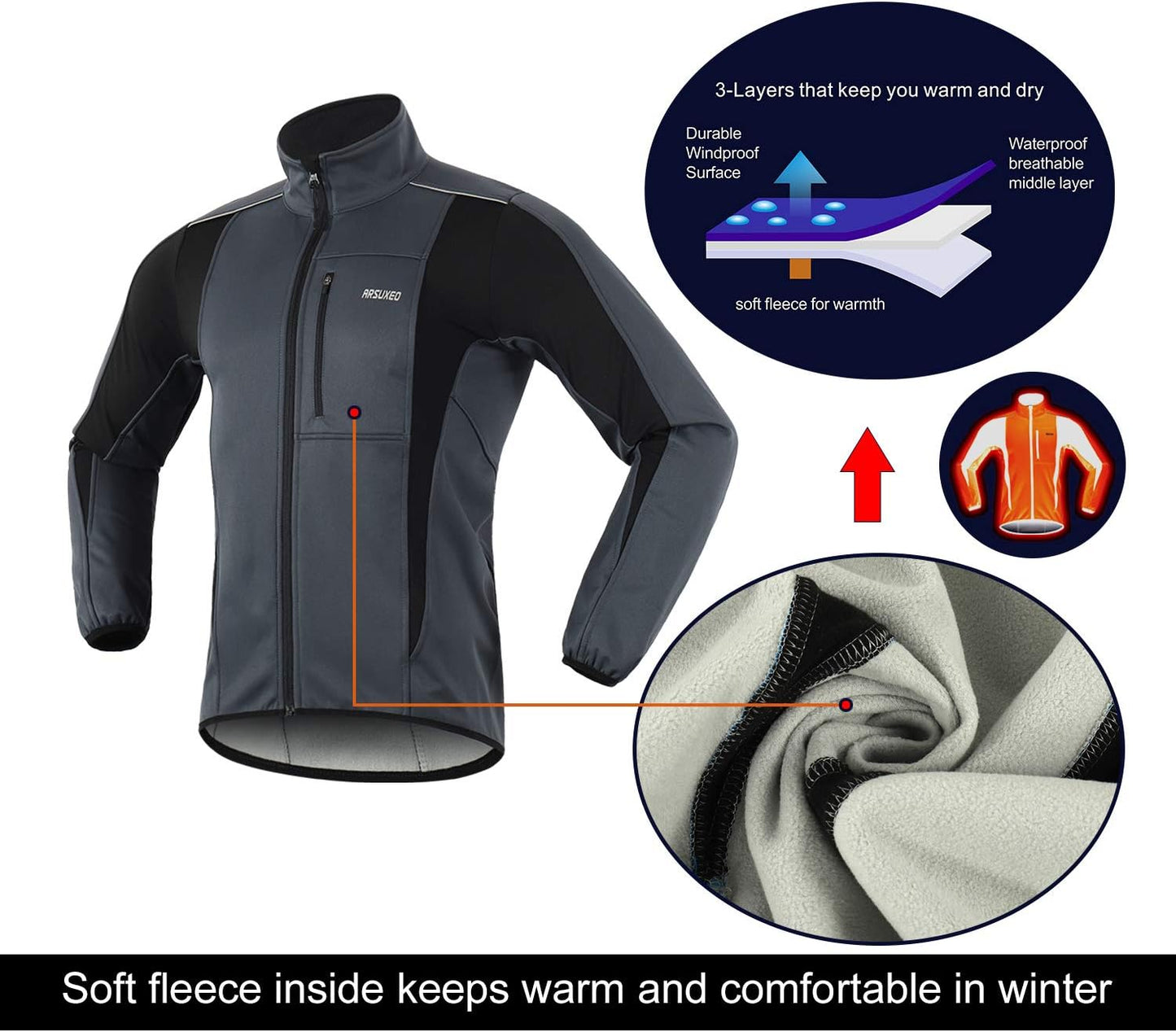 ARSUXEO Winter Warm UP Thermal Softshell Cycling Jacket Windproof Waterproof 15-k