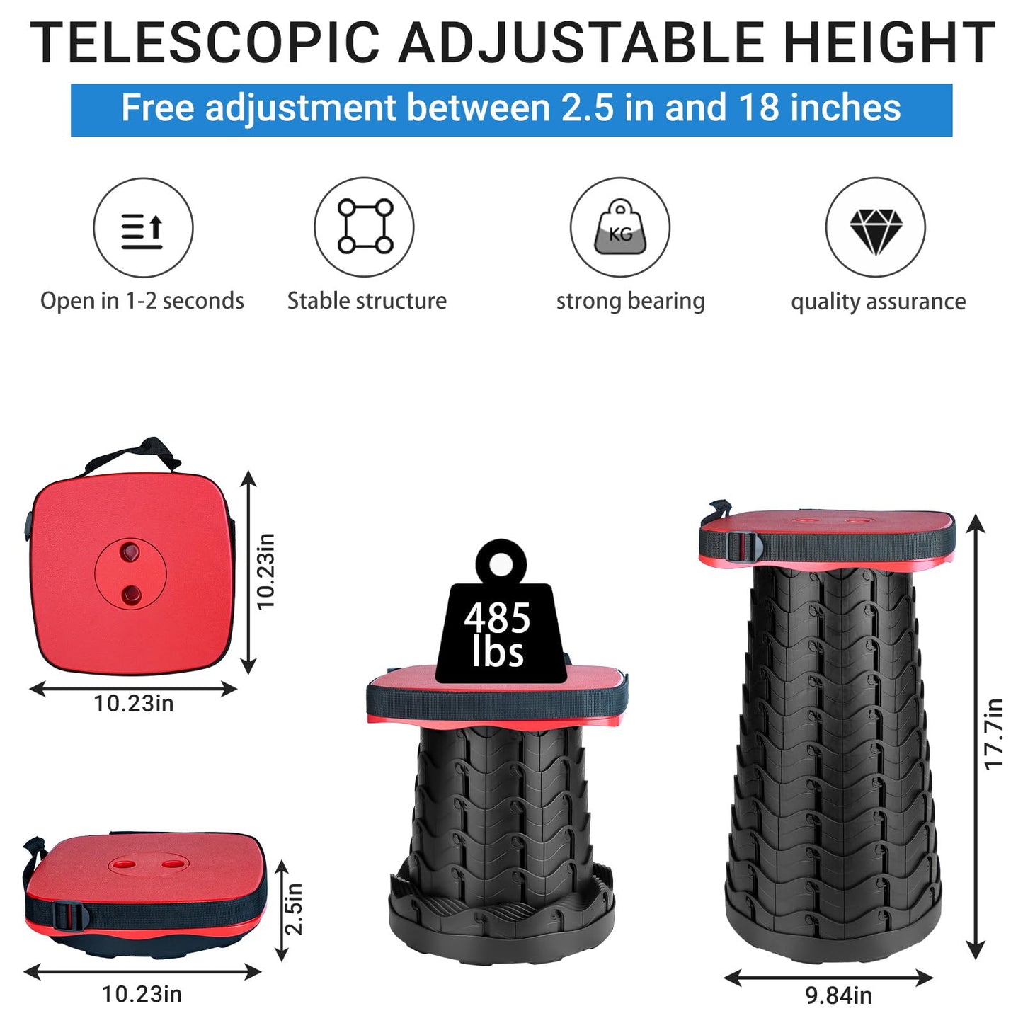 ZTMT Upgraded Square Folding Stool, Max Load Capacity 485lbs, Portable Collapsible Stool Seat, Telescoping Foldable Stool, Retractable Stool for Adult Camping Fishing Outdoor BBQ