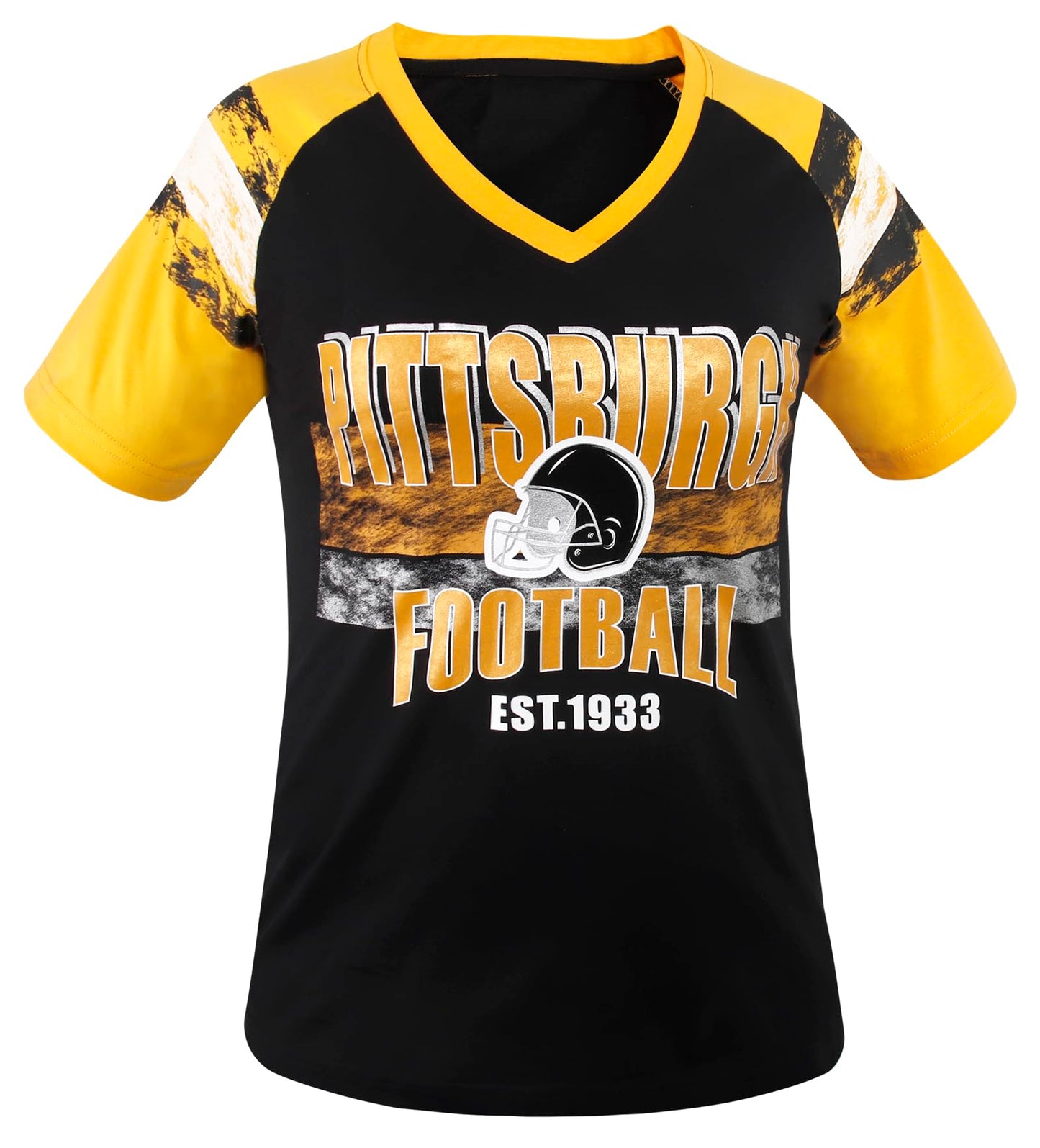 Geneisteck Womens Football Fans V Neck City Raglan T-Shirts - Black & Yellow X-Large