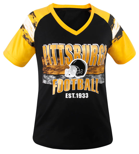 Geneisteck Womens Football Fans V Neck City Raglan T-Shirts - Black & Yellow X-Large