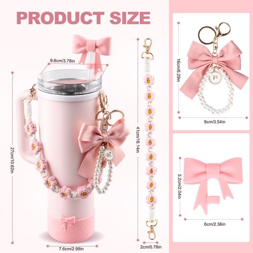 Stanley Cup Accessories Set,Bow Straw Cover, Water Bottle Handle Strap, Siliocne Cup Boot, Pearl Charms, Straw Topper for 40oz & 30oz Stanley Tumbler for Women (Pink)