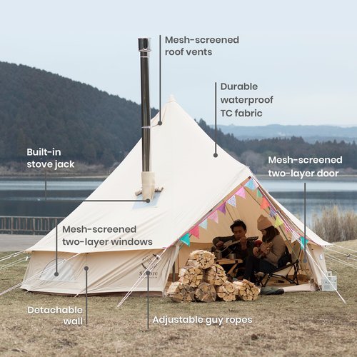 S'more Bello Bell Camping Tent, 4 Season Luxury Outdoor Camping and Glamping Tent for 4-6 Adults, Breathable Waterproof Yurt Tent Polyester Cotton Cloth Reserved Stove Jack, with Carry Bag