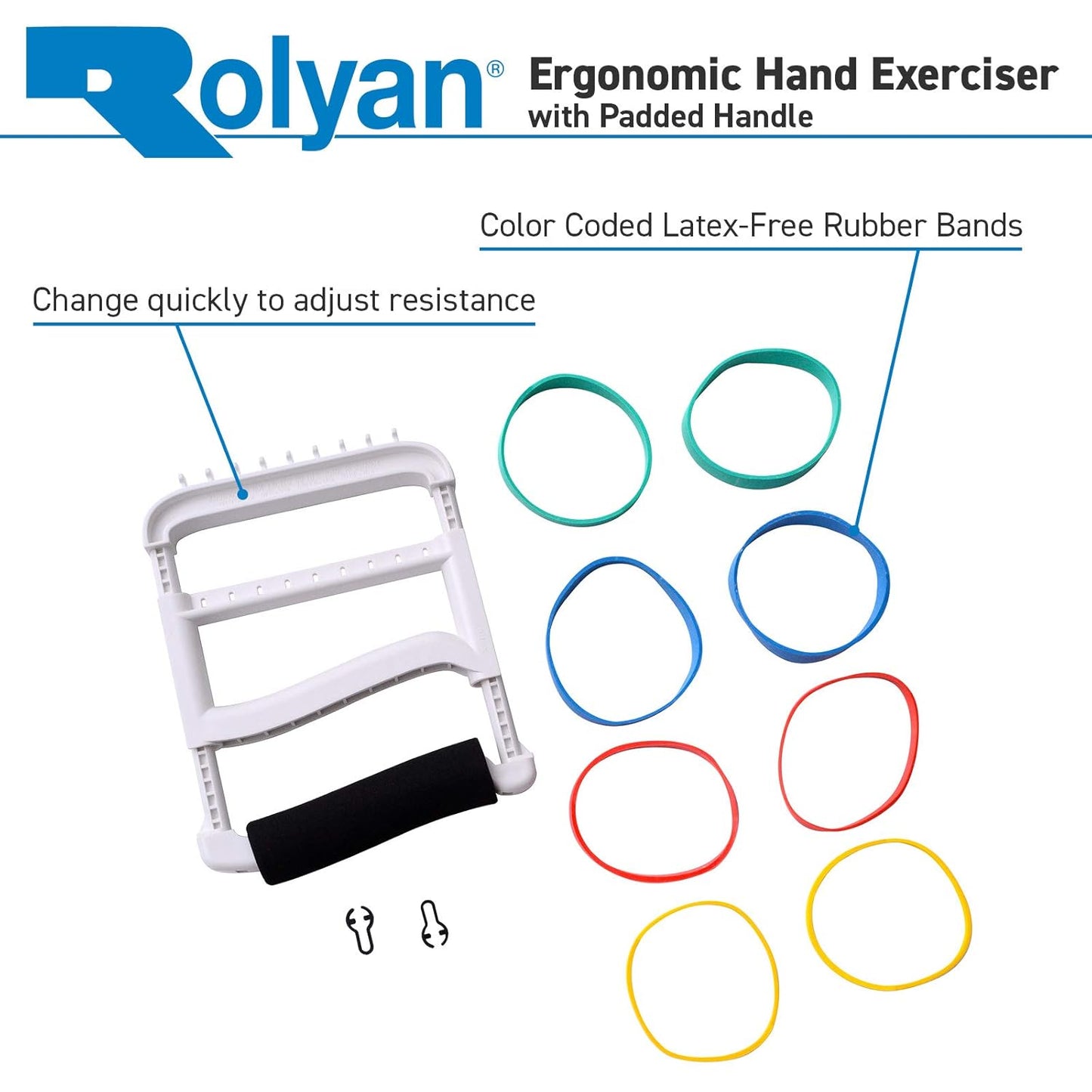 Rolyan Ergonomic Hand Exerciser with Padded Handle, Adjustable Squeeze Tool, 4 Pairs of Rubber Bands for Progressive Resistance, Improves Hand Grip Strength in Fingers, Hand, & Thumb, Blue