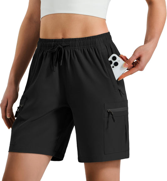 Hugut Women's Lightweight Hiking Cargo Shorts Quick Dry Athletic Shorts Camping Travel Golf Zipper Pockets Water Resistant Black