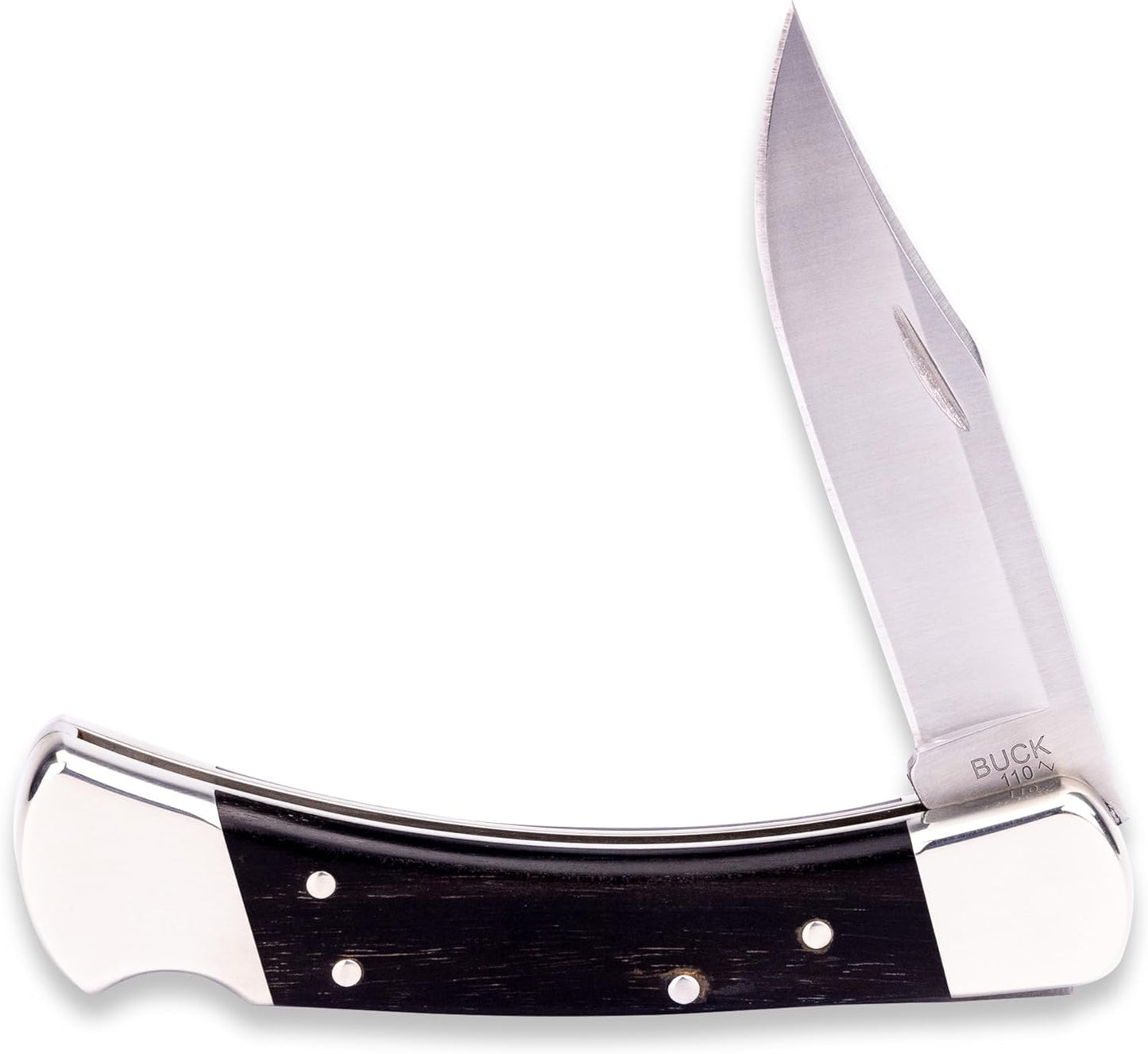 Buck Knives 110 Folding Hunter Lock-back Knife, Brass Bolsters, Ebony Handles, 3-3/4" 420HC Blade with Leather Sheath