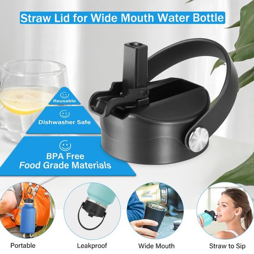EIPOSAU Straw Lid for Wide Mouth 12 18 20 32 40 64oz Water Bottles, Replacement Straw Cap for Hydro Flask Wide Mouth, Lid with Straw Top Accessories, Black