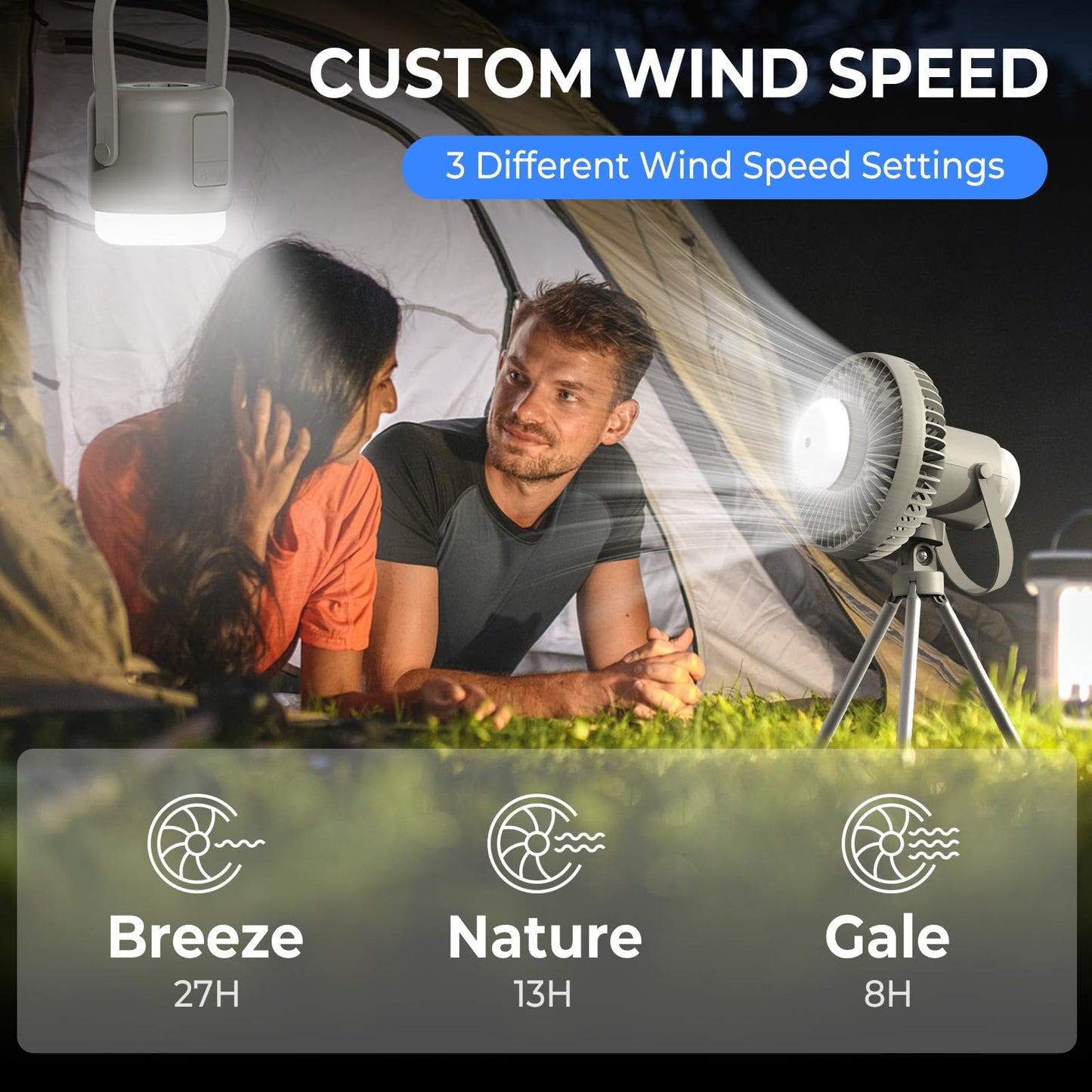 Atopskins Camping Fan with Removable Lantern, 8000mAh Battery Powered Fan with Hook, Tripod, Outdoor Rechargeable Fan Adjustable 3 Speeds Small Portable Tent Fan for Car Fishing Office Sleep