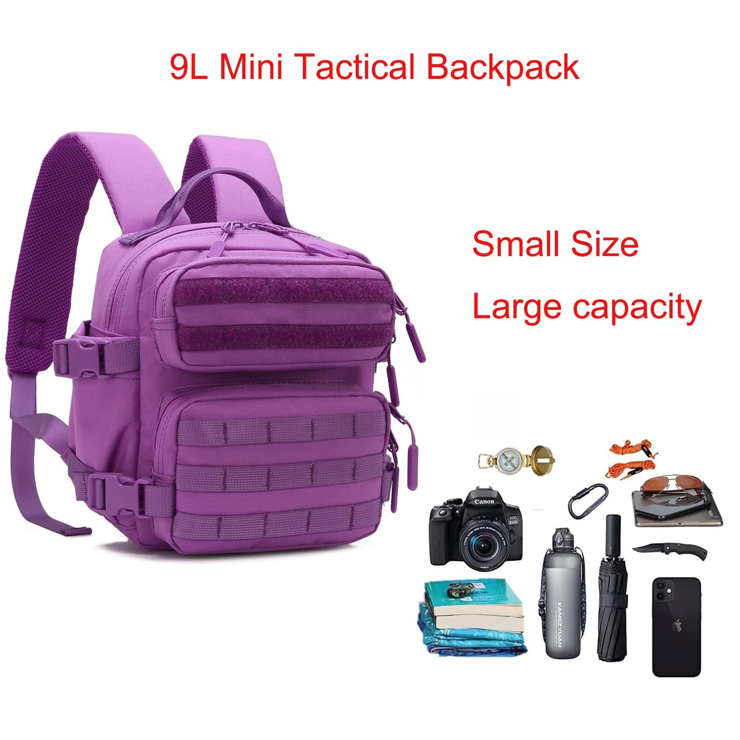 9L Mini Tactical Backpack Men Women Small Assault Rucksack Water-proof GYM Hiking Bug Out Bag with molle attachments (Purple)