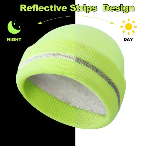 Suhine 4 Pack Men Hi Vis Winter Hats Fleece Lined Hi Vis Beanies with Reflective Stripes Fluorescent Thermal Hats for Outdoor(Neon Yellow)