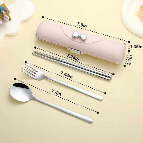 DEVICO Travel Silverware Set with Case, Portable Lunch Utensils Set for Work, Reusable Travel Cutlery Set, 18/8 Stainless Steel Flatware for Caming School Picnic, Dishwasher Safe (Pink)