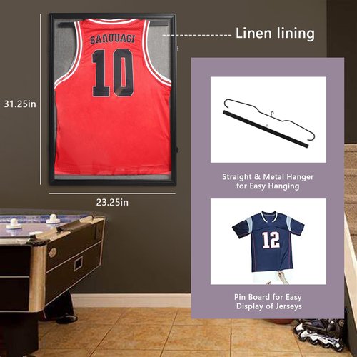 PKHROR Jersey Frame Display Case 2 Pack - Large Lockable Sports Jersey Frame Shadow Box with Uv Protected Acrylic and Hanger for Baseball Basketball Football Soccer Hockey Sport Shirt Linen Black