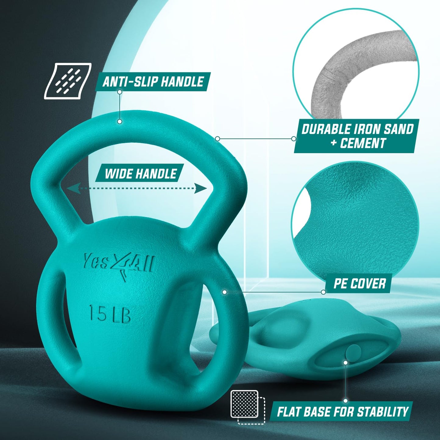 Yes4All Kettlebell 10&15lb Weight with Wide Multigrip Handle for Dumbbell Weights Exercises, Full Body Workout Equipment - 15lbs - Green