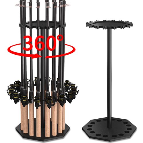 XIGOO Fishing Rod Holder Wood, Holds Up to 16 Rods or Combos, 360° Spinning Fishing Pole Holder for Garage, Fishing Gear Storage Organization, Fishing Accessories, Ideal Fishing Buddy Gift
