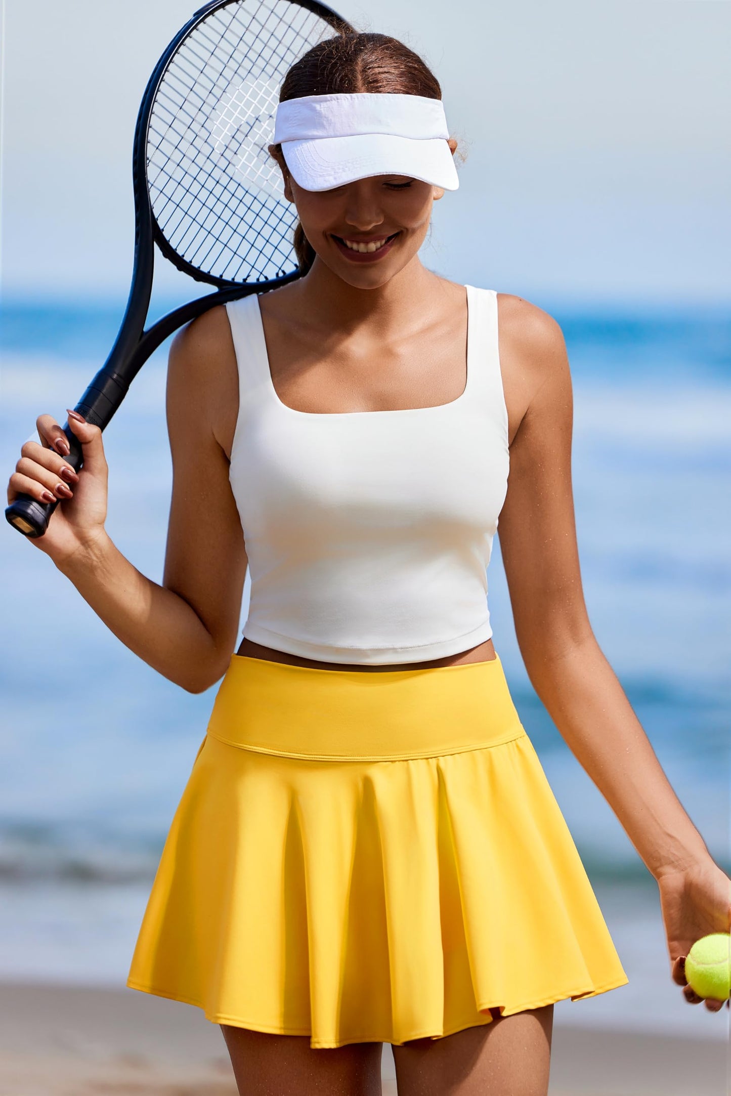 PINSPARK Womens Tennis Skirt High Waist Pleated Mini Skirts Tummy Control Athletic Skort with Pockets, Yellow Large