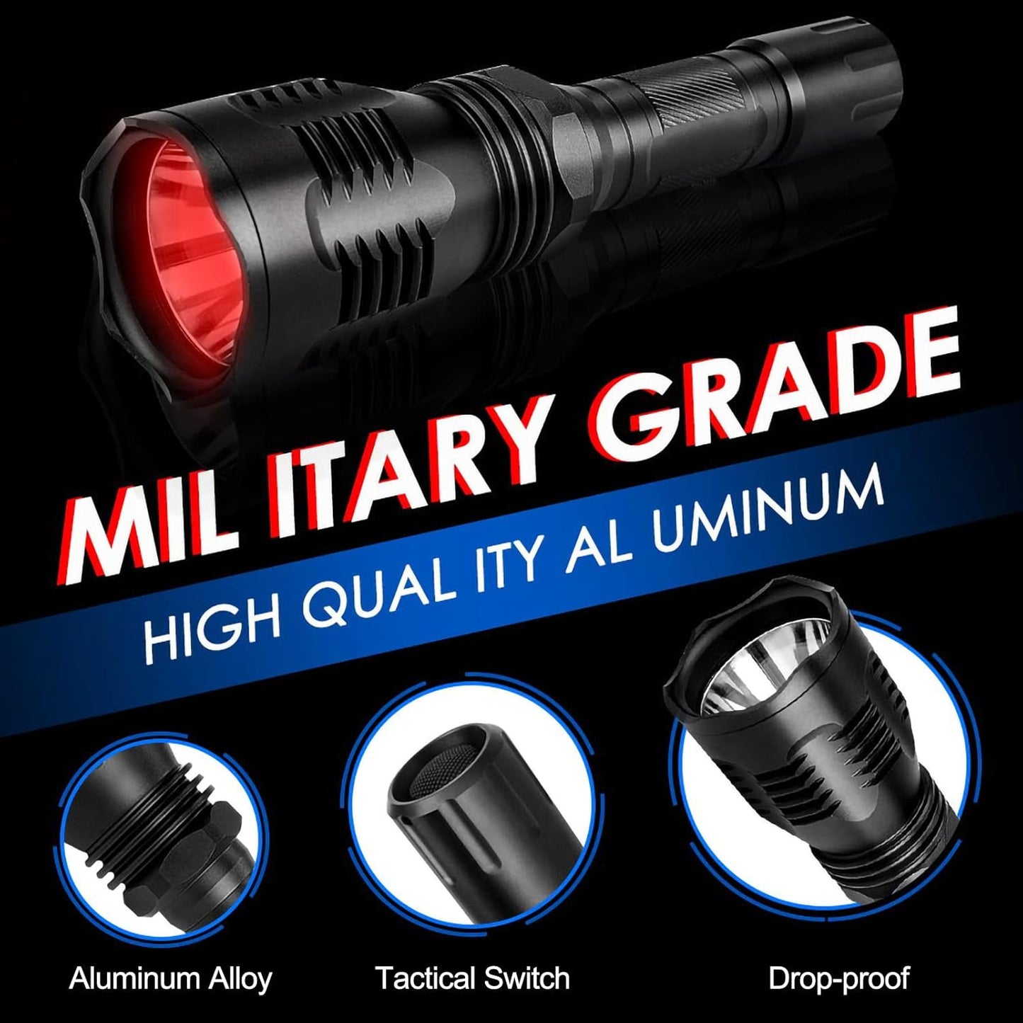 WINDFIRE WF802 Red Hunting Light Tactical Flashlight 350 Lumens 250 Yards LED Coyote Hog Fox Predator Varmint Flashlights with Remote Pressure Switch & Scope/Bike Mount Holder