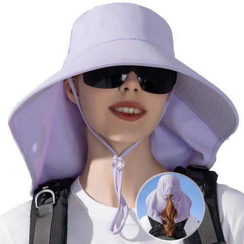 Sun Hat for Women with Neck Flap Ponytail Hole Women Sun Hat Rollable UV Protection Fishing Hat Wide Brim UPF 50+(Purple)