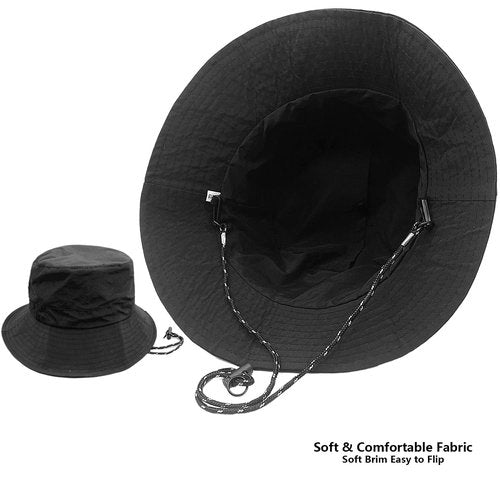 woogwin Waterproof Bucket Rain Hat with Chin Strap Quick Dry Packable Boonie Sun Hat Safari Hat UV Protection(Black)