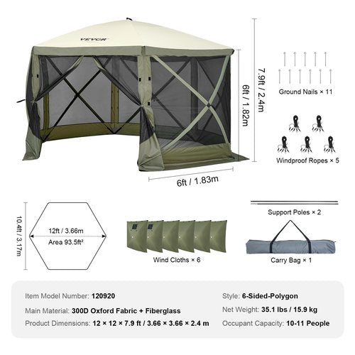 VEVOR 12x12ft Pop Up Gazebo Tent with Mosquito Netting, 6 Removable Wind Panels & 2 Mesh Windows, Outdoor Canopy Shelter for Patio, Army Green