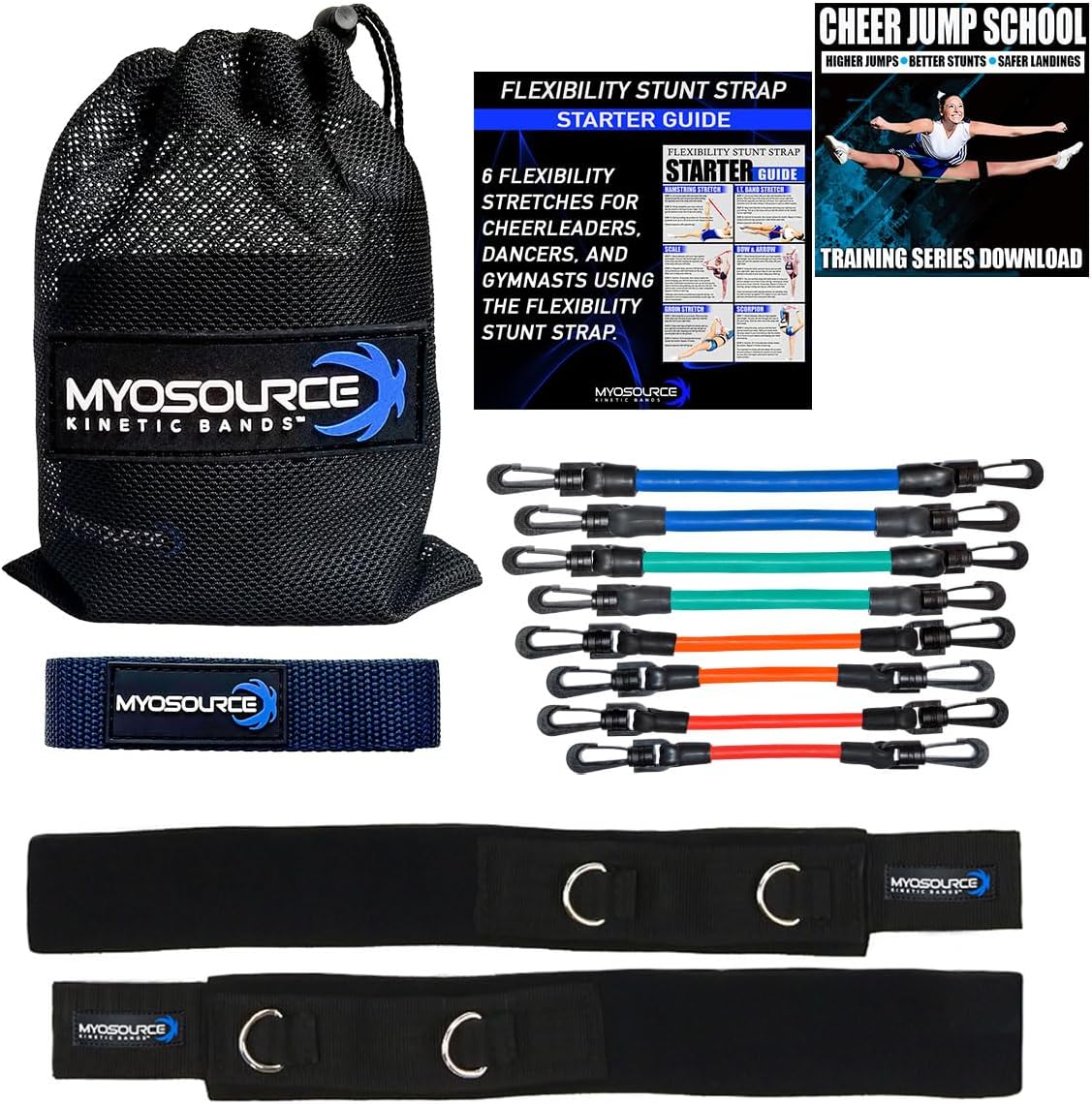 Cheer Kinetic Bands Cheerleader Flexibility and Strength Training | Improve Jumps, Stunts, Landings | 4-Level Leg Resistance Bands & 12 Stunt Strap Color Options, Digital Training Downloads