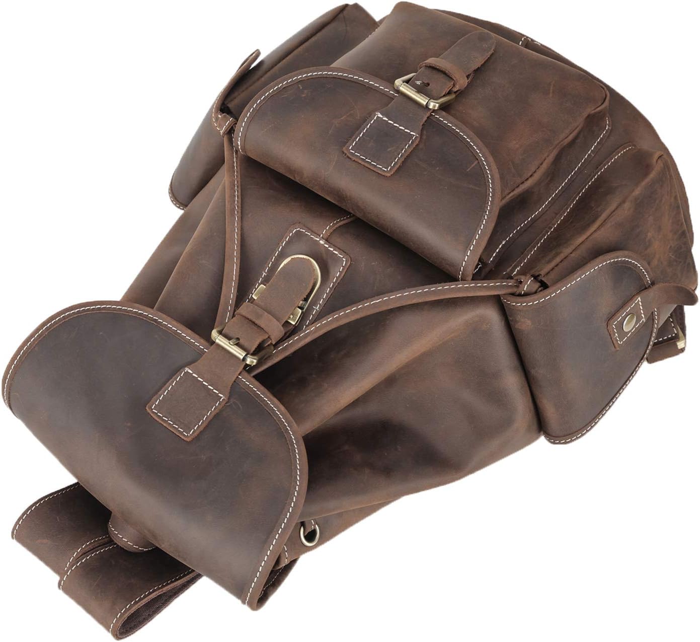 Vintage Full Grain Leather Rucksack Backpack for Men & Women - Casual Travel Satchel, Dark Brown