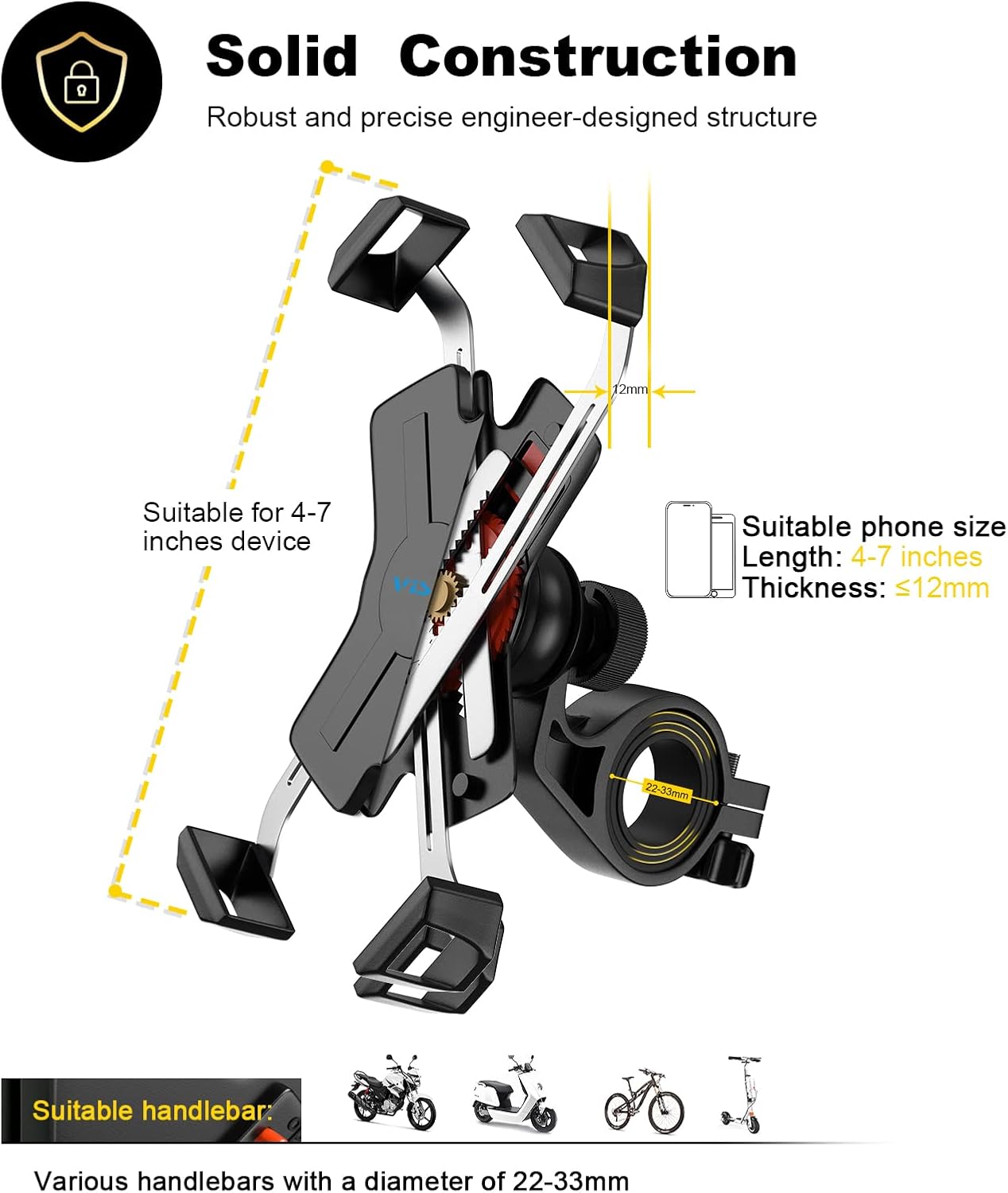 New Bike Phone Mount with Stainless Steel Clamp Arms Anti Shake and Stable 360° Rotation Bike Accessories/Bike Phone Holder for Any Smartphones GPS Other Devices Between 4 and 7 inches