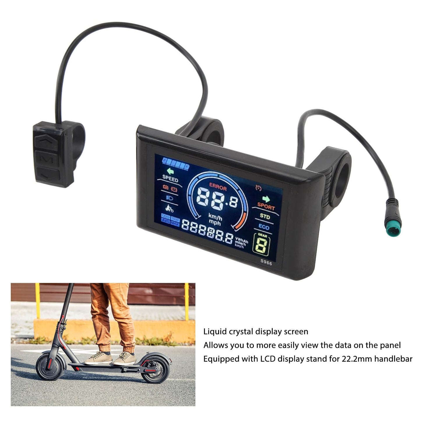 RiToEasysports 2472V Electric LCD Display, S966 LCD Display Meter Control Panel for Electric for 22.2mm 0.9in Handlebars