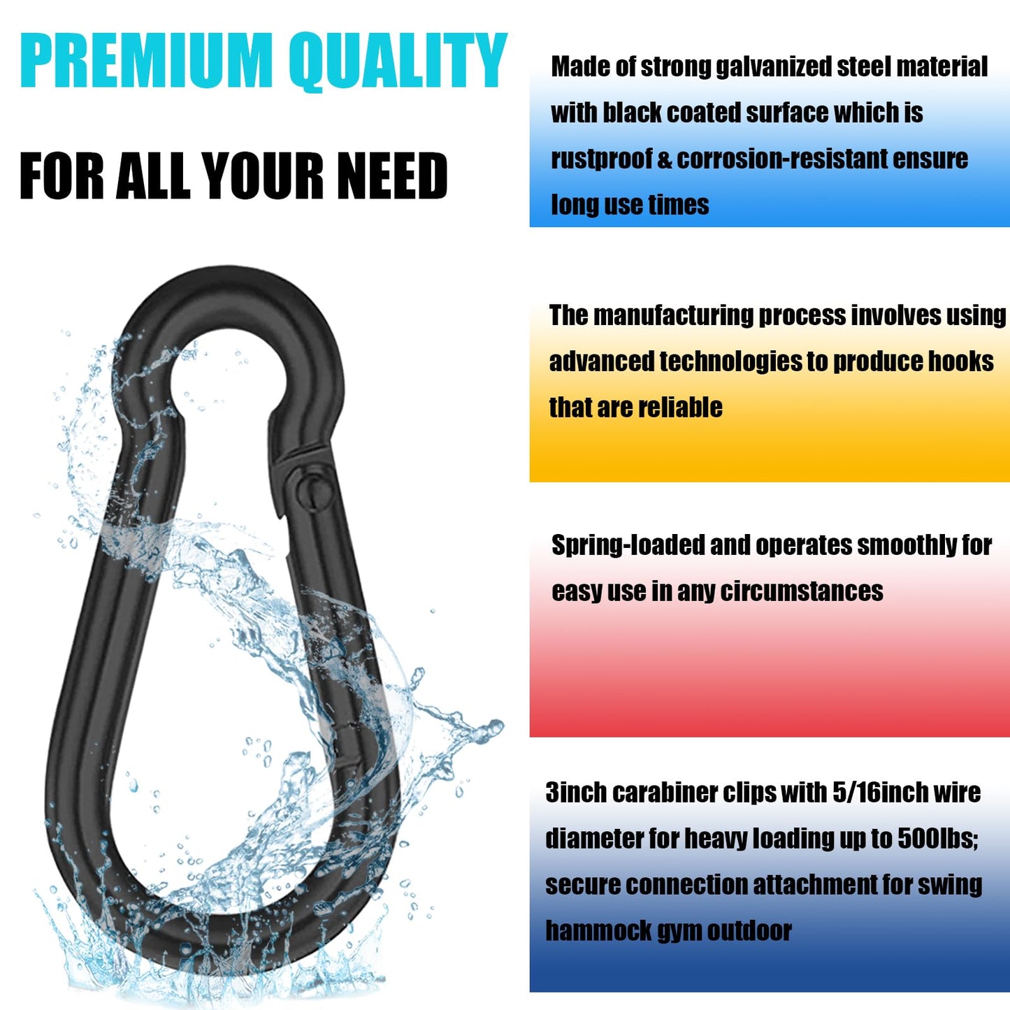 AODESTINY 50PCS 3" Black Spring Snap Hook, Heavy Duty Spring Snap Carabiner Clip for Swing and Gym, 500lbs Capacity Quick Links Carabiner Clips for Hammock, Camping, Hiking, Water Bottle & Backpack