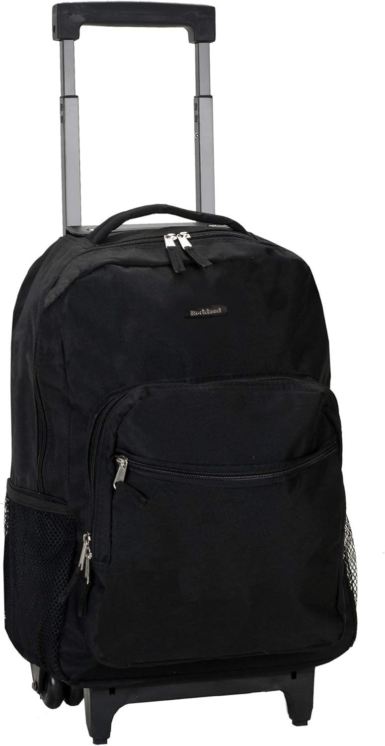 Rockland Double Handle Rolling Backpack, BLUELEOPARD, 17-Inch