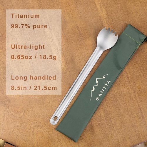 SANTTA Long Handle Titanium Spork, 8 1/2 Inch Lightweight Spoon & Fork Combo Utensil with Bag for Backpacking Fishing Hiking Bushcrafting Camping Traveling
